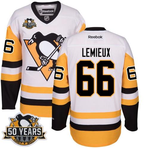 Penguins #66 Mario Lemieux White/Black CCM Throwback 50th Anniversary Stitched NHL Jersey - Click Image to Close